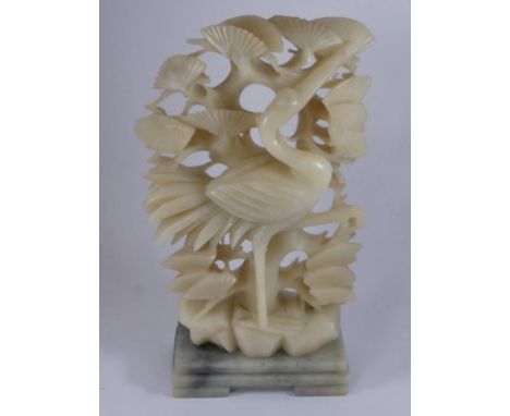 CHINESE CARVED PALE CELADON 'JADE' FIGURE GROUP DEPICTING A STORK, APPROX. 20 cm