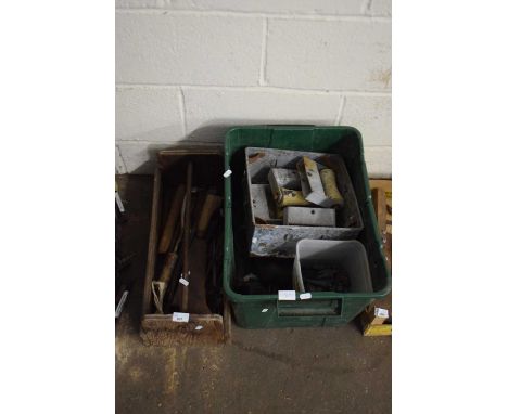 TWO BOXES OF VARIOUS ASSORTED TOOLS, FISHING WEIGHTS, ROLLERS ETC