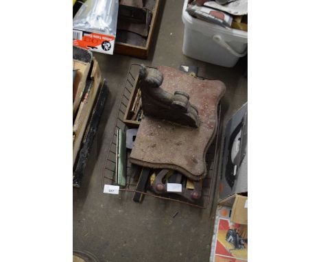 BASKET OF VARIOUS ASSORTED TOOLS AND A WOODEN WALL BRACKET