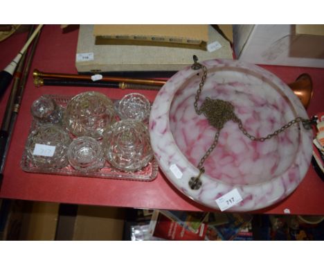 MARBLED GLASS LIGHT SHADE AND DRESSING TABLE GLASS WARES