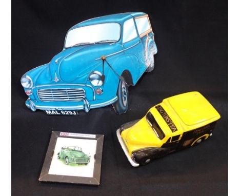 A WADE RINGTON'S TEA MORRIS MINOR VAN CANISTERa Morris Minor wall clock, and a tile coaster (3)