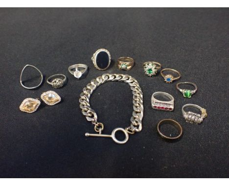 THREE 9CT GOLD RINGSvariously set with blue, green and clear paste stones and a small selection of silver and white metal jew