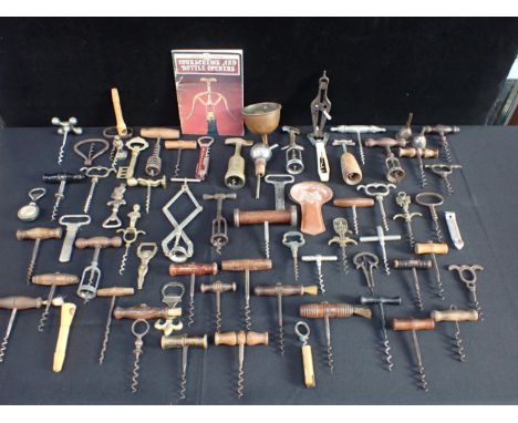 A COLLECTION OF CORKSCREWS AND OTHER BOTTLE OPENERSincluding a 'U M Co.' London multi tool, wine funnel etc