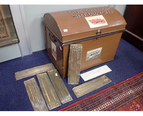 A 19th CENTURY DOME-TOP TIN TRUNK(repainted)  52cm wide, and a set of Gothic style brass door fingerplates, and one single