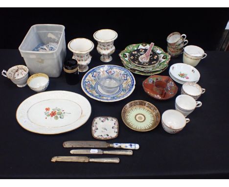 A QUANTITY OF ANTIQUE CERAMICS AND OTHER ITEMSincluding Delft tile fragments, Mason's Ironstone plates, Derby urns etc (a/f)