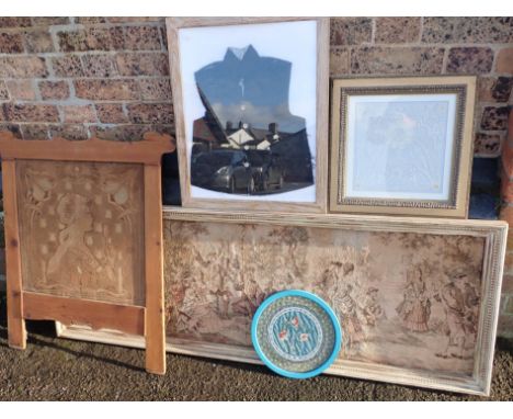 A FRAMED CHINESE SILK PANELa framed silk waistcoat, a lace panel, an Art Nouveau panel (a/f), and a tapestry panel (5)