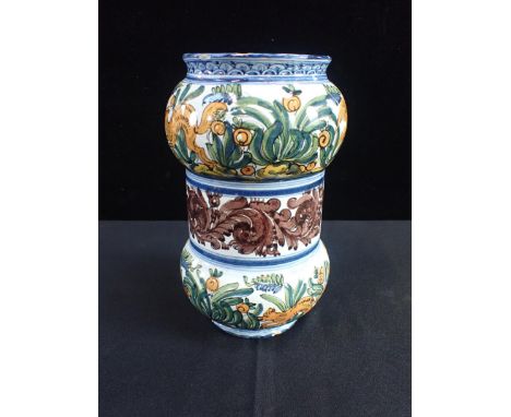 A FAIENCE ALBARELLO TYPE JARdecorated with birds and animals in foliage, 'M G B' mark 25cm high
