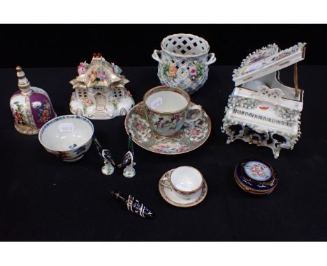 A DRESDEN PIERCED BASKETa pianoforte trinket box, a Famille rose cup and saucer and other items