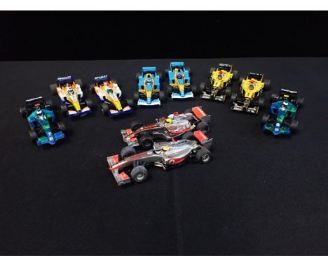 TEN UNBOXED SCALEXTRIC 'F1' RACING CARS&nbsp;Including; McLaren, Renault, Jordan and Honda. Some shown signs of light use but