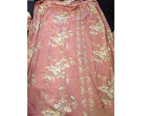 TWO PAIRS OF LONG COUNTRY HOUSE STYLE CURTAINS WITH PELMETSdecorated with birds in foliage on a pink ground, approx 330cm lon