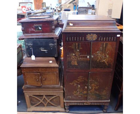 A MAHOGANY CABINET GRAMOPHONE WITH CHINOISERIE DECORATION(damaged), a Decca portable gramophone (soundbox a/f), two HMV table