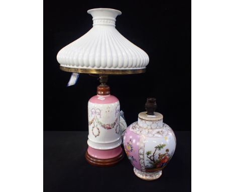 TWO PORCELAIN TABLE LAMPSthe larger a 19th century oil lamp base with glass shade, the smaller converted from a Dresden vase 