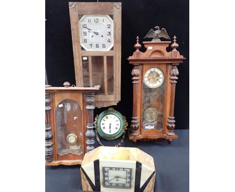 AN ART DECO MARBLE-CASED MANTEL CLOCKa French wall clock (battery movement), a Vienna style wall clock (and a vacant case), a