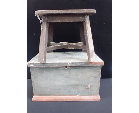 A PAINTED PINE TOOL CHEST / TRUNK64cm wide, 40cm high and 37.5cm deep, and a wooden stool. (2)