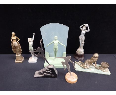 A COLLECTION OF ART DECO FIGURINES various metals and finishes, one signed Limousin, with Art Deco metal figurative lamp base