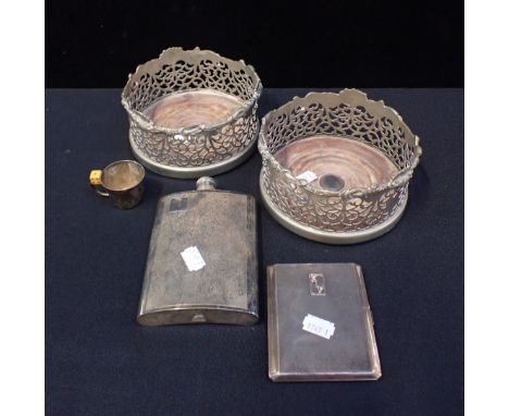 PAIR OF SILVER-PLATED WINE BOTTLE COASTERSwith silver-plated flask silver plate cigarette case and small cup.