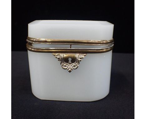 A 19th CENTURY FAUX-JADE GLASS CASKETwith brass mount 9.5cm high (lock removed, top loose in mount)