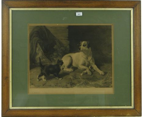 George Holmes
19th century engraving, cat and dog, 15" x 21", a Snaffles hunting print and an antique Pears print, all framed
