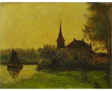 Willem Albracht (Belgian 1861-1922)
oil on wood panel, boat on a river, signed and dated 1908, with original label verso, 7.5