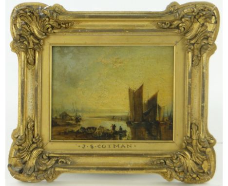 John Sell Cotman (1782-1842),
oil on wood panel, a busy estuary at sunset, unsigned, 6" x 8", label verso from Henry Graves &