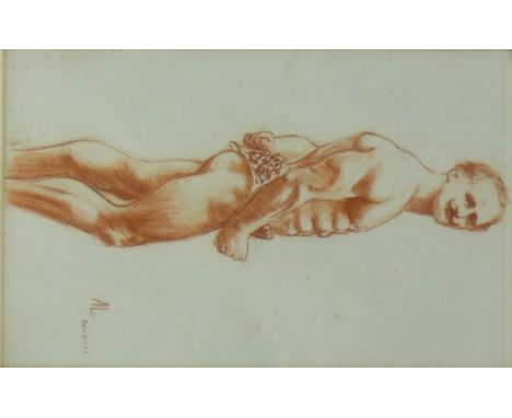 Sanguine chalk drawing, 
life study a portrait of a man, signed with indistinct monogram A L? dated 1911, 8" x 5", framed.