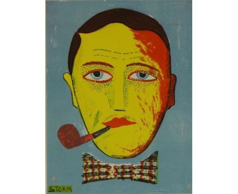 Robert Storm Petersen,
colour lithograph, man with pipe, issued 1918/19, signed in the plate, 12" x 9", framed.