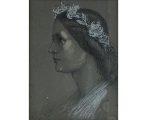Henry Doyle RHA (Irish)
chalk/pencil on grey paper, portrait of a young woman with flowers in her hair, signed and dated 1860