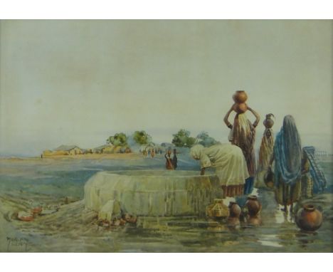 Morgan Rendle,
watercolour, African women at a well, signed, 10" x 13.5", framed.