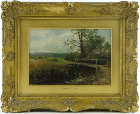 Leopold Rivers (1852-1905),
oil on wood panel, figure on a rustic bridge over a stream, signed, 6.5" x 9.5", framed.
