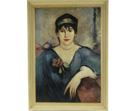 Modern oil on board, portrait of a woman, 39" x 27", framed.