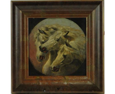 19th century oil on wood panel, study of horses heads, indistinctly signed Weeks? panel a/f, 11.25" x 11.25", framed.