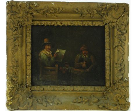 Dutch School
18/19th century oil on wood panel, 3 figures in an interior, unsigned, 6" x 7.5", framed.