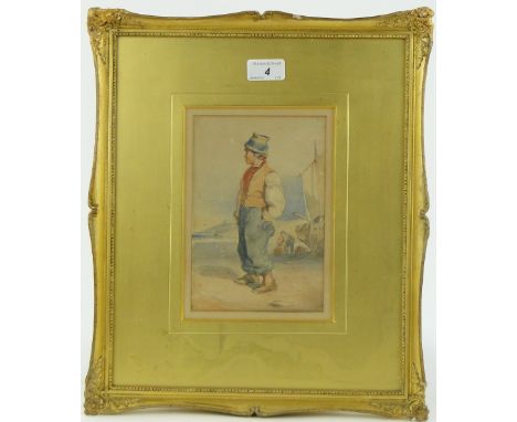 Thomas Sewell Robins (1809-1880)
watercolour, portrait of a fisherboy, indistinctly signed, 7.5" x 5.25", framed.
