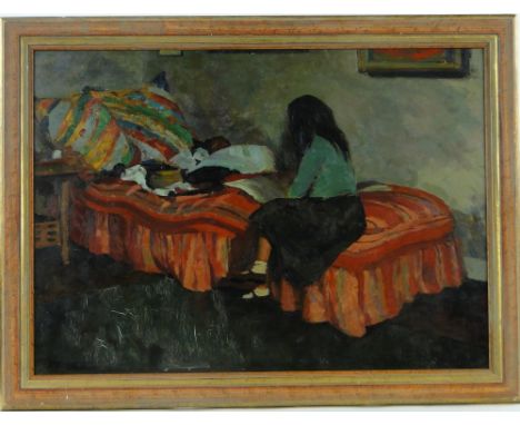 Roy Godfrey Botting ARCA
oil on board circa 1950s, portrait of the artist's daughter on her bed, signed, 19.5" x 28", framed.