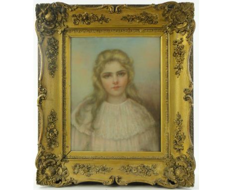 19th century coloured pastels, half length portrait of a young girl, indistinctly signed, dated 1866, 20" x 15.5", ornate gil