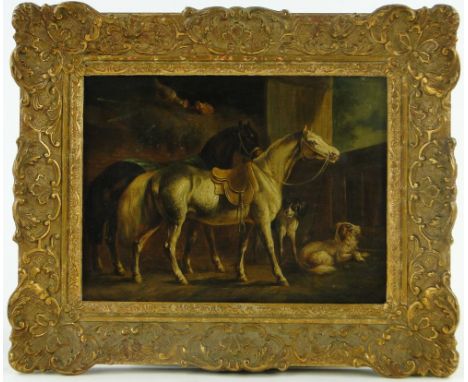 Charles Towne,
oil on wood panel, horses, dogs and poultry in a stable, 7.25" x 9.5", framed.