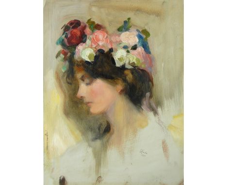 Emile Fuchs (American, 1866-1929)
oil on board, portrait of a girl with flowers in her hair, signed and dated 1901, 10.5" x 8