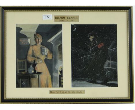 Pair of First War period watercolours, 
airmen in a pub and a moonlit aircraft in a snow storm, signed with initials A G W, d