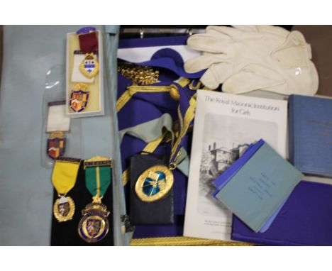 A COLLECTION OF STAFFORDSHIRE MASONIC REGALIA INCLUDING MEDALS, SASH, GLOVES ETC