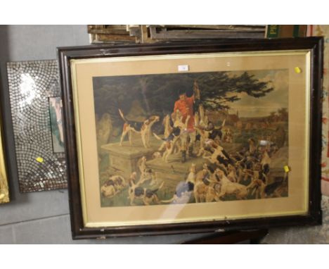 A LARGE FRAMED AND GLAZED HUNTING PRINT ENTITLED THE JOHN PEELS VIEW HALOO WOULD AWAKEN THE DEAD! TOGETHER WITH A MODERN MIRR