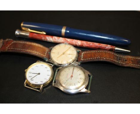 THREE VINTAGE WRISTWATCHES TOGETHER WITH A VINTAGE PARKER PEN AND ANOTHER (5)