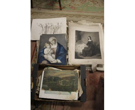 A TRAY OF VINTAGE LOOSE PRINTS, ENGRAVINGS AND OIL PAINTINGS ETC.