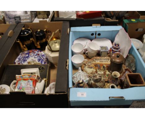TWO TRAYS OF CHINA AND CERAMICS TO INCLUDE A ROYAL ALBERT PART TEA SERVICE, SADLER TEA POT, ORIENTAL ITEMS ETC
