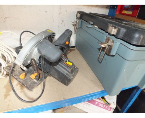 A TOOLBOX AND CONTENTS TOGETHER WITH AN ANGLE GRINDER AND LAMP