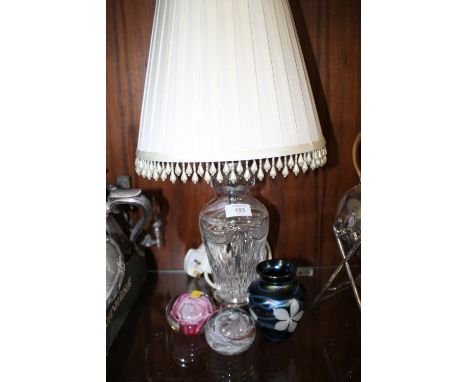 AN OKRA GLASS VASE, CUT GLASS LAMP AND TWO GLASS PAPERWEIGHTS  