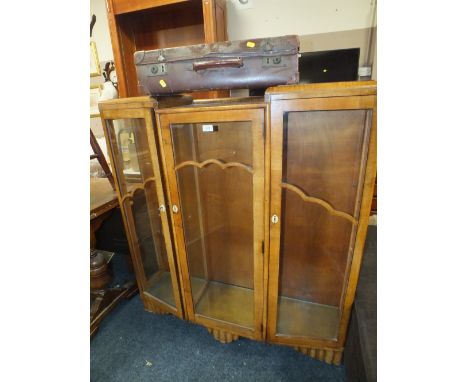 A WALNUT CHINA CABINET WITH A VINTAGE SUITCASE (2)