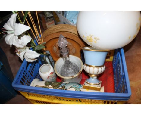 A TRAY OF CERAMICS ETC TO INCLUDE CARVED TREEN ITEMS, DECANTER ETC