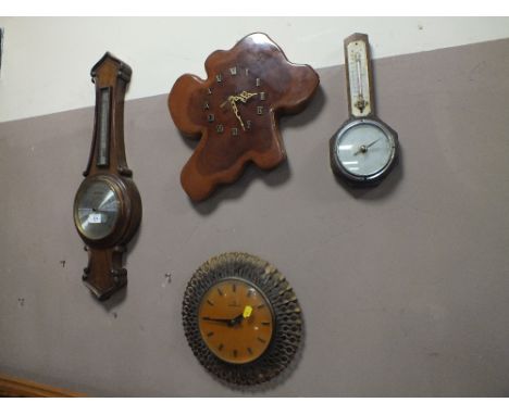 A MAHOGANY 'COMITTI' BAROMETER TOGETHER WITH A SMALLER BAROMETER AND TWO CLOCKS (4)