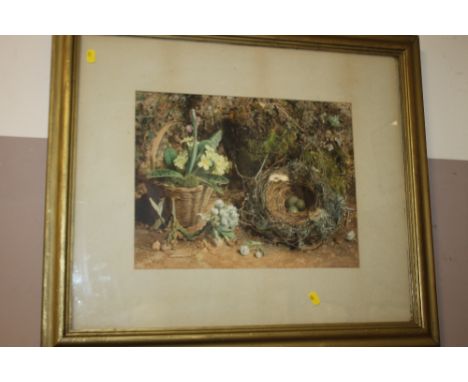 A GILT FRAMED LITHOGRAPH BY M  & N HANHART DEPICTING A BIRDS NEST & A BASKET