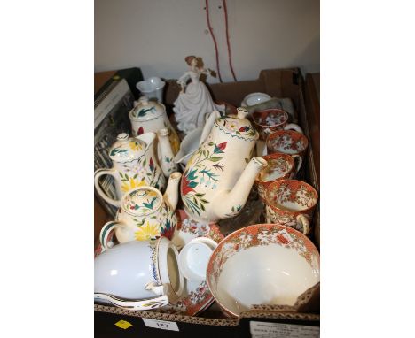 A TRAY OF CHINA AND CERAMICS TO INCLUDE STAFFORDSHIRE CHINA, MIDWINTER ETC. 